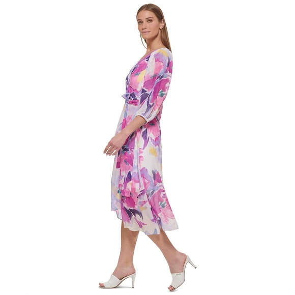 DKNY Women’s Floral-Print Balloon-Sleeve Tie-Waist V-Neck Dress, Size 18W - Picture 2 of 8
